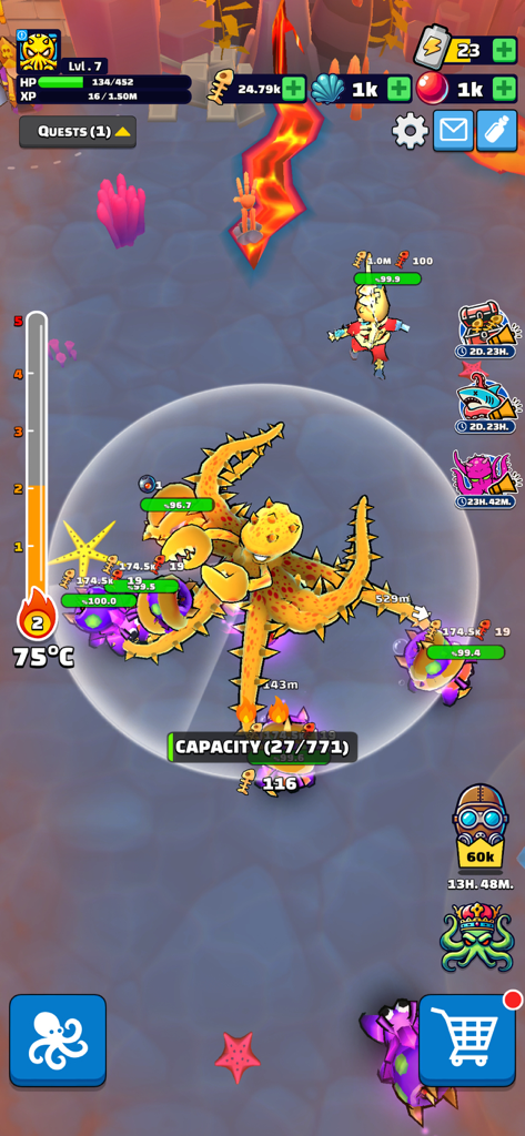 Octopus Feast - Gameplay of Octopus Feast showing a large yellow octopus evolving in an underwater world