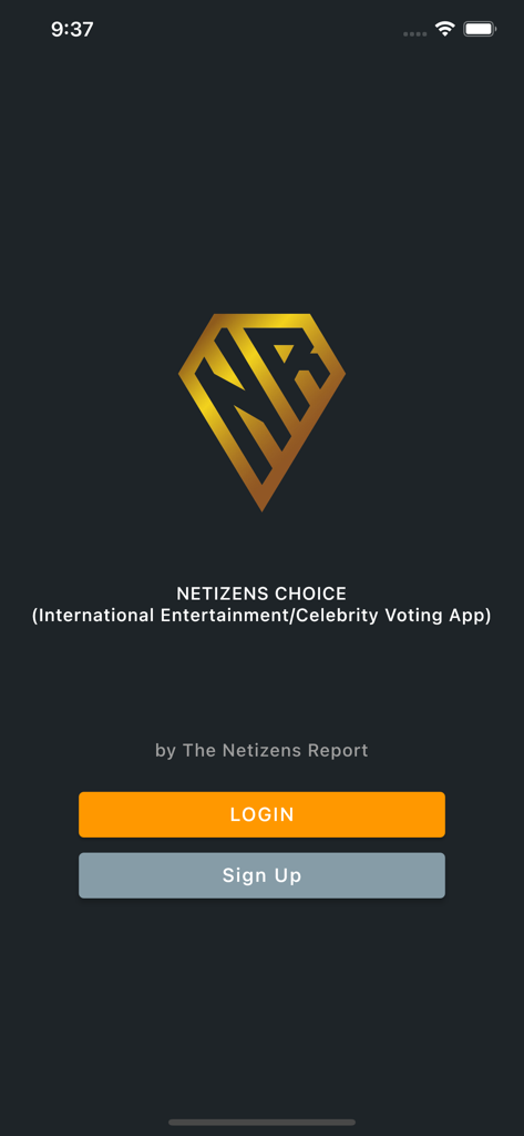 NETIZENS CHOICE: Voting App - The login and sign up screen of the Netizens Choice international celebrity voting app featuring a gold NR diamond logo on a dark background.