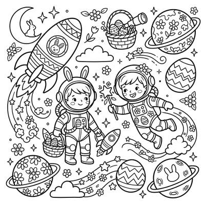Embark on an extraordinary coloring journey where the wonders of space meet the joy of Easter. This enchanting design features delightful astronauts and cosmic elements intertwined with festive spring motifs.