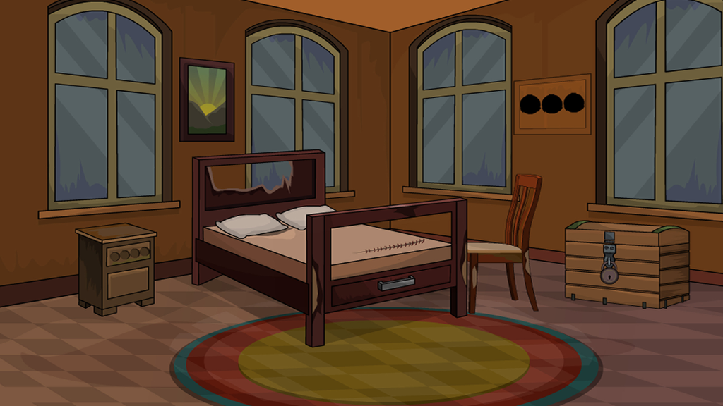Escena del dormitorio en 'Escape de la Chica de la Casa Abandonada' con una cama de madera y un cofre del tesoro cerrado.
