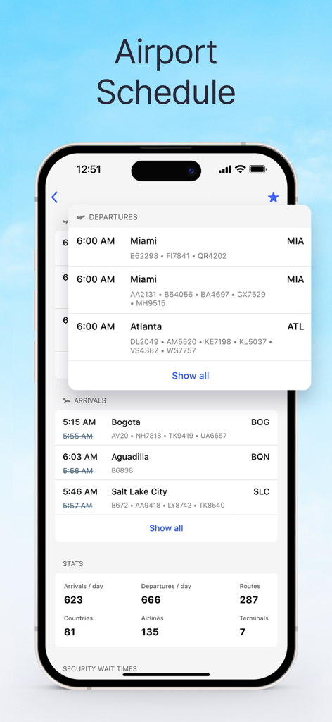 Airport schedule interface in the Planes Live app showing flight departures and arrivals