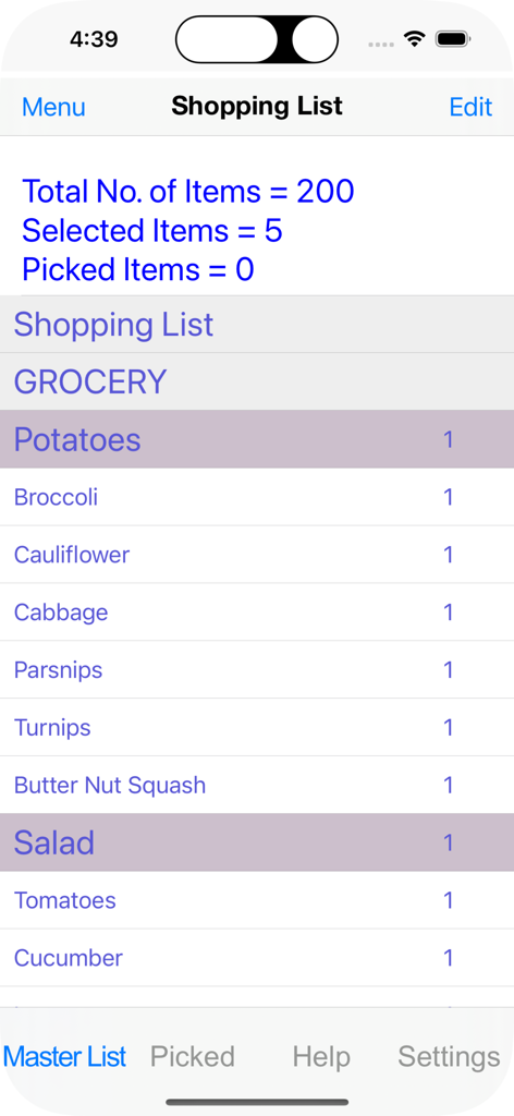 Picking List - Una semplice lista della spesa digitale nell'app Picking List che mostra articoli come patate e broccoli con conteggi degli articoli.