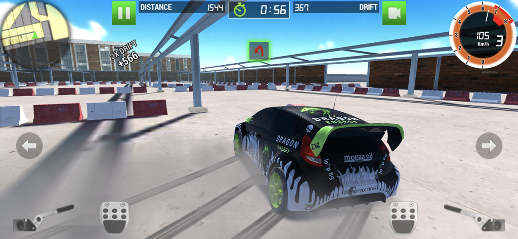 Rally Racer Dirt - A black rally car with custom decals drifting on a paved track with white and red barriers in the Rally Racer Dirt mobile game