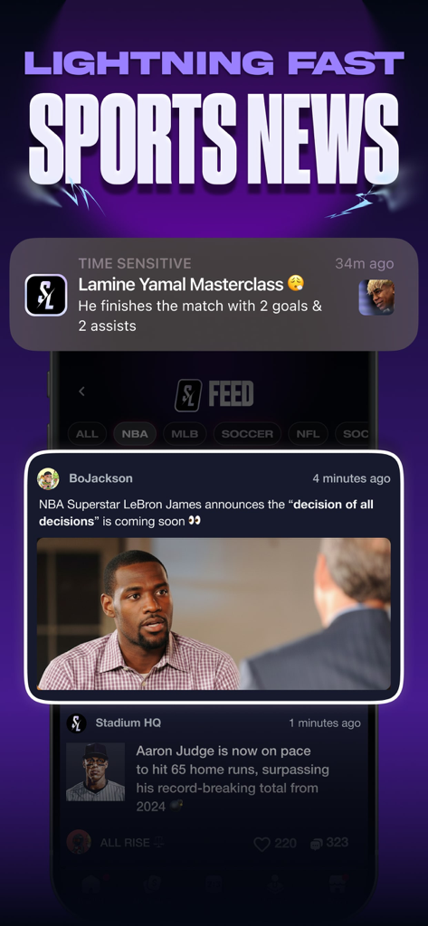 Mobile interface of Stadium Live app showing real time sports news feed and push notifications