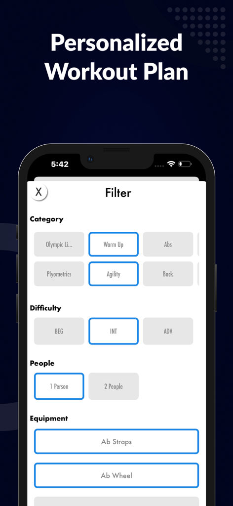 Beats Sports Athletic Training - Mobile app screen showing filter options for athletic training categories and difficulty levels