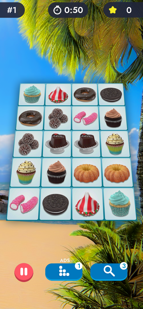 Match Pairs 3D: Matching Game - A screenshot of Match Pairs 3D gameplay showing a grid of 3D sweets and desserts on a tropical beach background