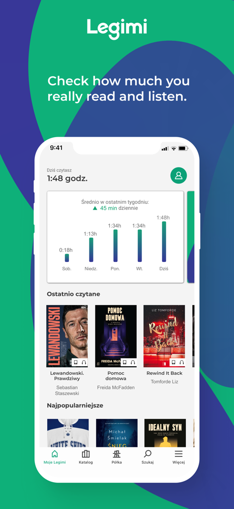Legimi-App-Oberfläche, die Statistiken zur Lesezeit und kürzlich gelesene Bücher zeigt