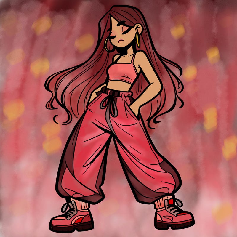 girl in baggy pants crop top and long hair