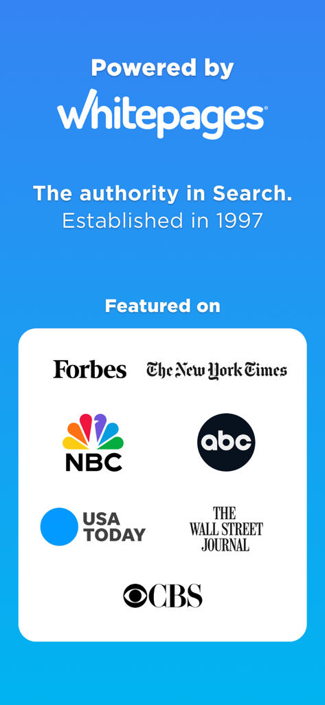 Whitepages app establecida en 1997 y destacada en las principales cadenas de noticias como Forbes, NBC y The New York Times