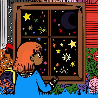 girl look out the window looking at the night sky