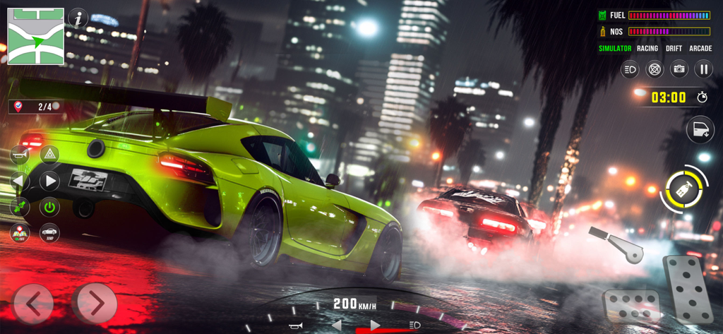 Drift Car Racing Driving Games - Un coche deportivo de color verde lima realizando un derrape en una ciudad iluminada por neones por la noche dentro de un simulador de conducción móvil.