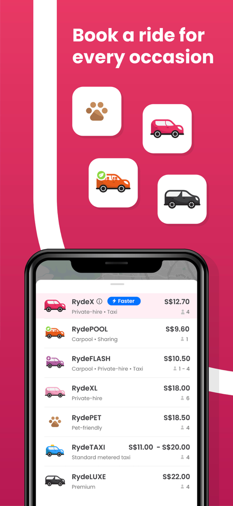 RYDE - Ride Hailing & More - RYDE app interface showing a variety of ride-hailing options including RydeX, RydePOOL, and RydePET with corresponding prices on a smartphone screen.