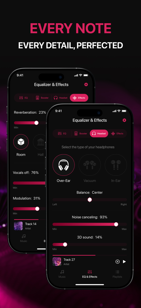 Interfaz de la aplicación ecualizador de música EQU que muestra configuraciones personalizadas de auriculares y efectos de audio en dos pantallas de iPhone.