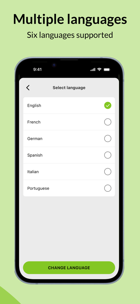 Celery Free Scanner app screen showing a menu to select between six different languages