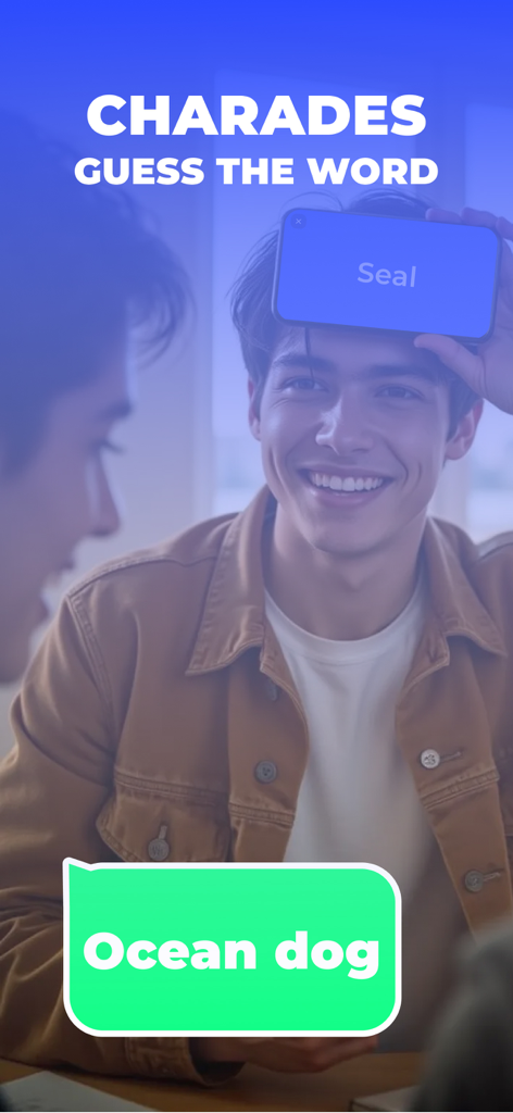 Two friends playing a charades guessing game with a smartphone on one person's forehead