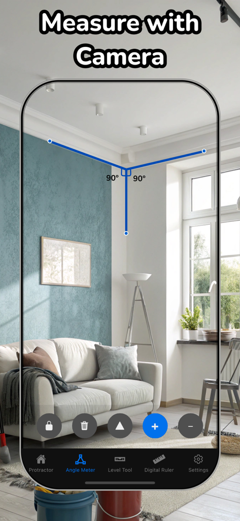 Ruler Tape Measure App - App Cinta Métrica Regla midiendo ángulos de habitación con la cámara del smartphone.