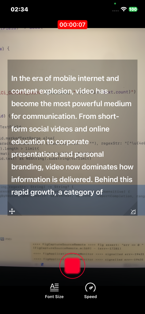 PromptCam-Oberfläche zur Videoaufnahme mit einem überlagerten Teleprompter-Skript und einstellbaren Optionen