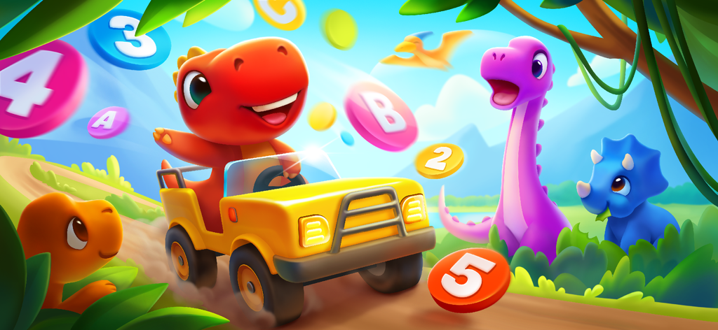 Dinosaur Games: Kids Learning - A friendly red dinosaur driving a yellow car surrounded by floating colorful letters and numbers in a jungle
