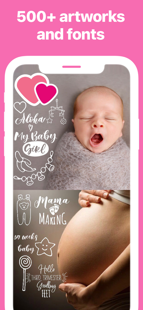 Baby Photo Editor - BabyArt - A mobile app screen showing a yawning baby and a pregnancy bump decorated with various white artistic stickers and milestone fonts.