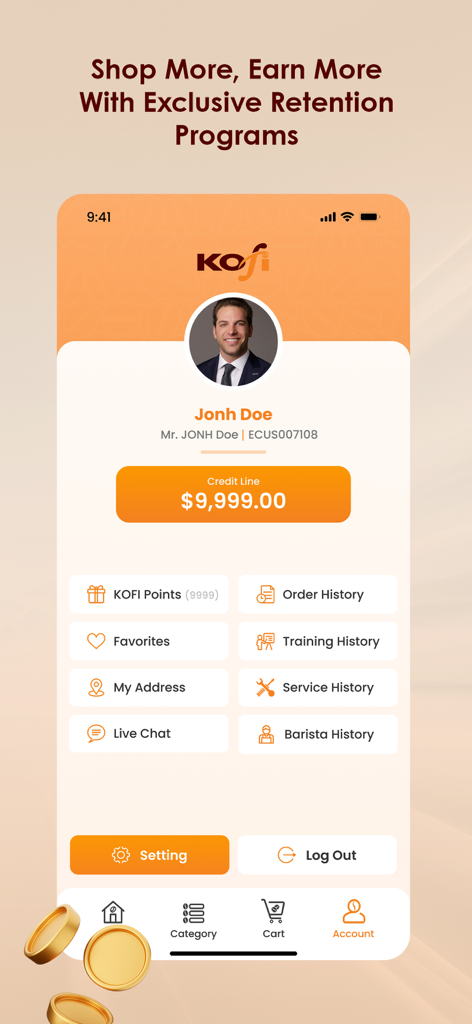 KOFI - Panel de la cuenta de la aplicación KOFI que muestra el perfil del usuario, línea de crédito y puntos de fidelidad