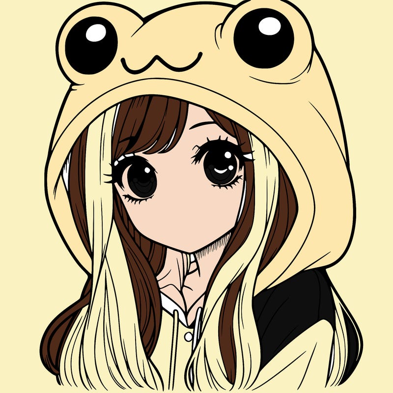 a pretty girl wearing a frog hoodie portrait with long hair