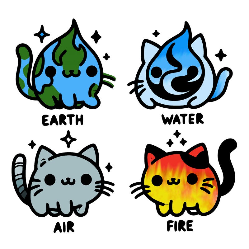 4 cats that represent the different elements, earth, water, air, and fire