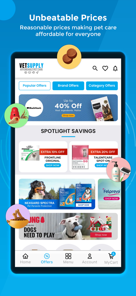 VetSupply app interface showing various pet product discounts and spotlight savings on essentials