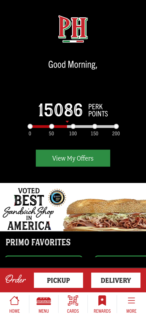 PrimoHoagies® - The home screen of the PrimoHoagies mobile app showing reward points and options for pickup and delivery.