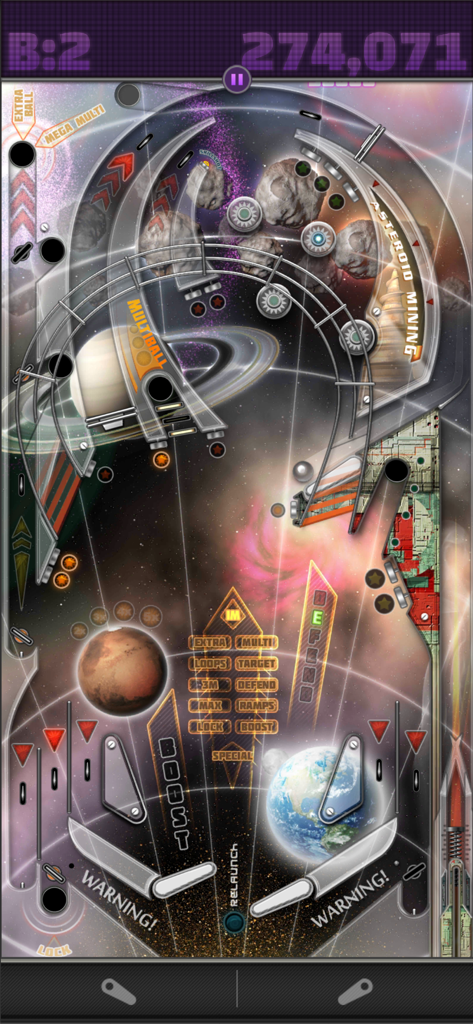 Space Frontier table gameplay in Pinball Deluxe Reloaded showing planets and asteroids