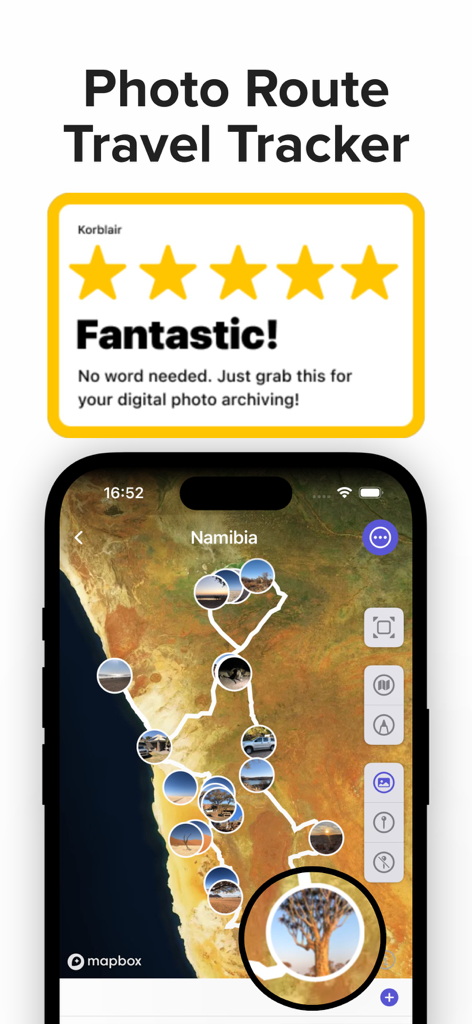 Travel Tracker by PhotoRoute - PhotoRoute app screenshot showing a travel route in Namibia with photo markers and a five star review.