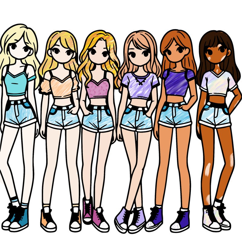 a group of girls wearing crop tops and shorts