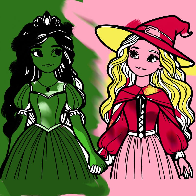 a princess and a witch holding hands realistic