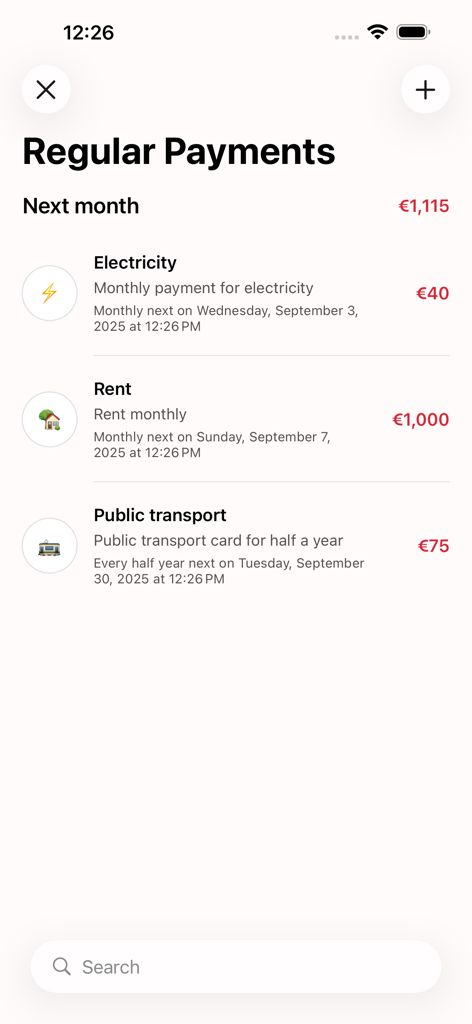 Pantalla de la app MyExpenses mostrando una lista de pagos mensuales recurrentes de alquiler, electricidad y transporte público
