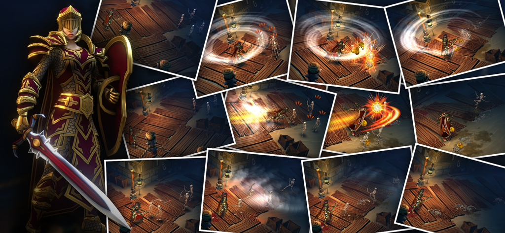 Eternium RPG warrior character and multiple combat gameplay screenshots