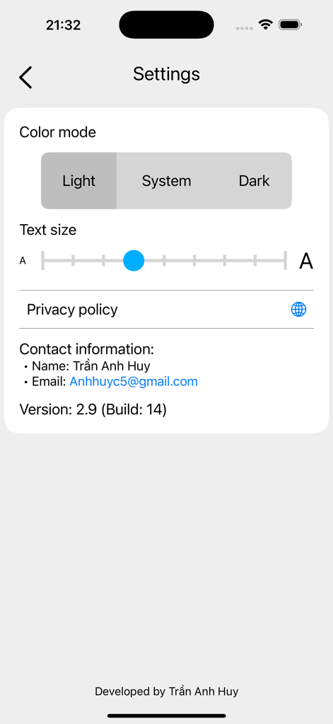 SINAMICS Fault Finder - Settings screen of the SINAMICS Fault Finder app displaying color mode choices, text size slider, and developer contact details.