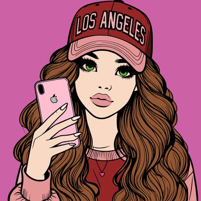 realistic beautiful girl wearing los ángeles cap holding an iphone