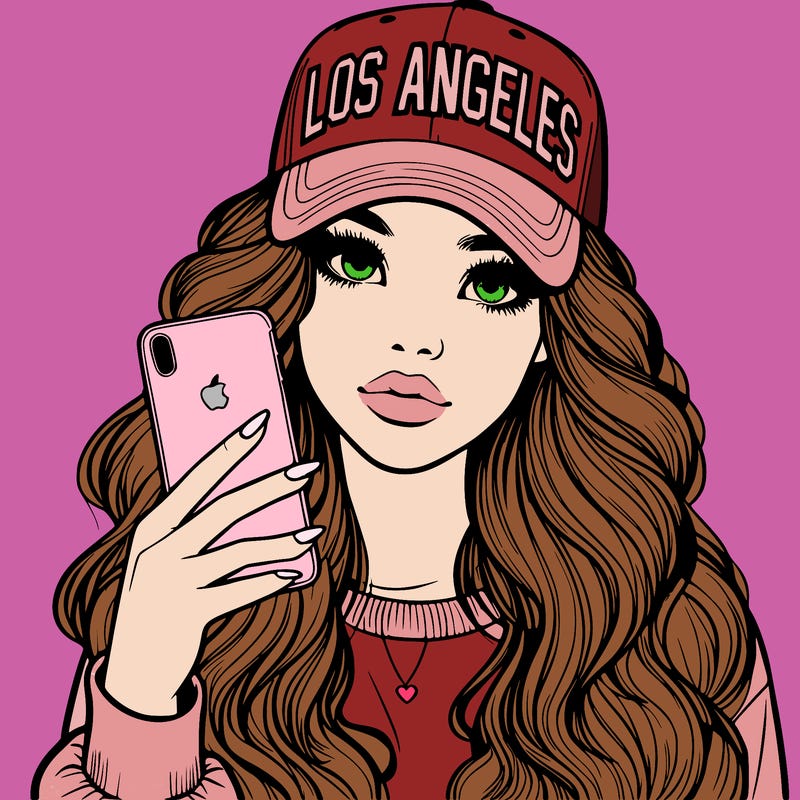 realistic beautiful girl wearing los ángeles cap holding an iphone