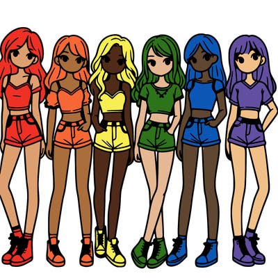 a group of girls wearing crop tops and shorts