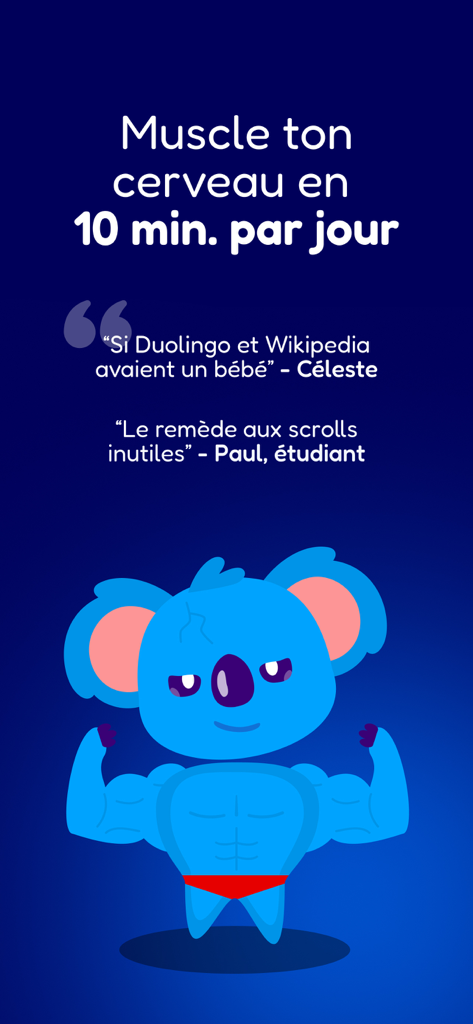 Sapio - Culture Générale - Ein muskulöses blaues Koala-Maskottchen für die Sapio Bildungs-App mit Text über Gehirntraining und Nutzer-Testimonials