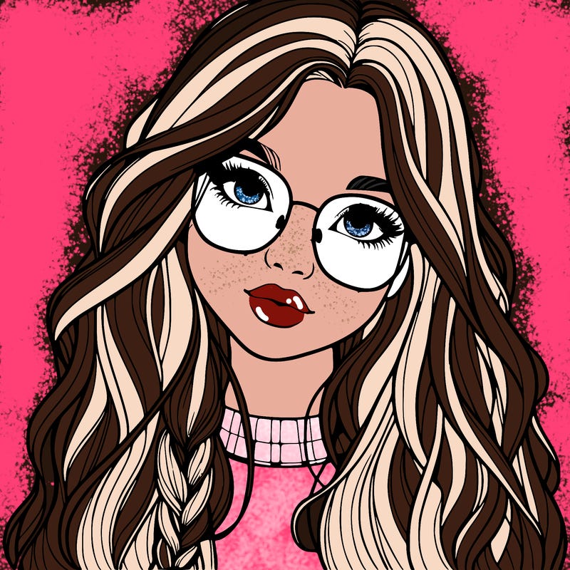 girl with long hair and freckles and glasses realistic