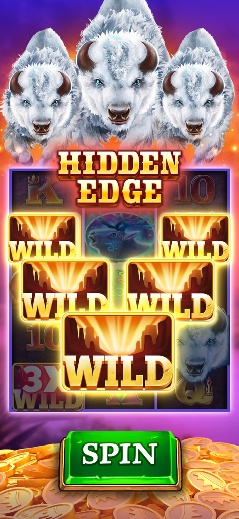 Scatter Slots - Slot Machines - Fantasy themed slot machine game featuring white buffalo heads and multiple golden wild symbols