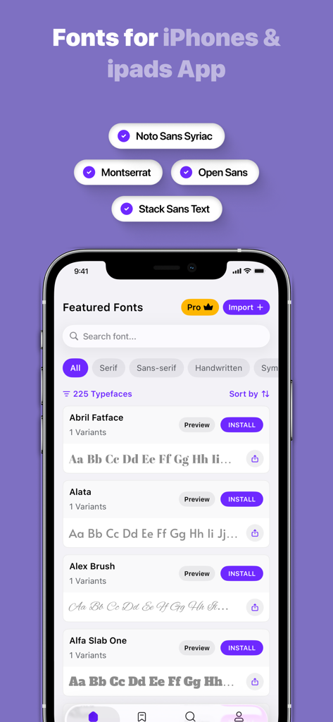 Fonts - Find, install any font - iPhone 및 iPad용 글꼴 모음 목록을 보여주는 글꼴 설치 앱 인터페이스.