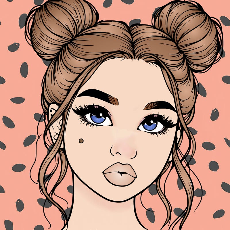 realistic girl with two buns on her hair and lips