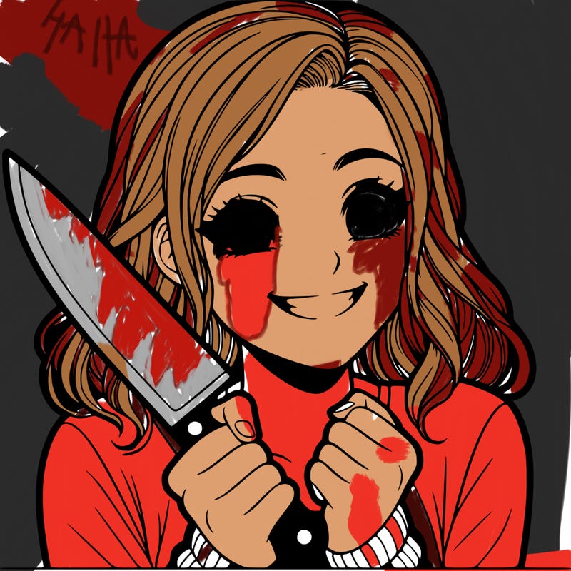 a realistic girl holding a knife and grinning