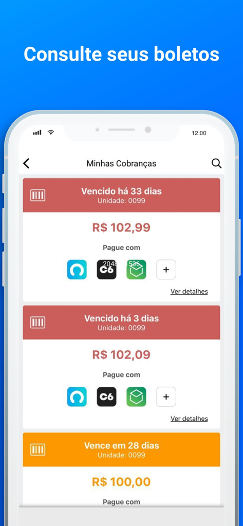 Mobile app interface showing property maintenance bills and payment status