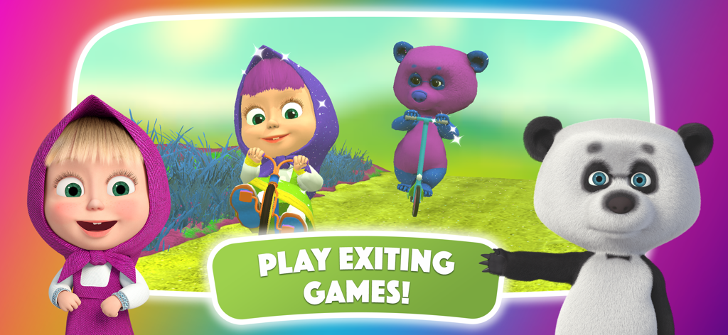 Masha and the Bear Magic Color - Masha y sus amigos en un entorno 3D con un botón para jugar emocionantes juegos