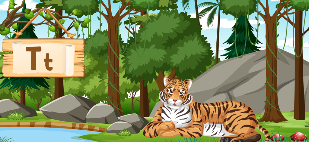 ABC : Alphabet Jungle Animals - A cartoon tiger resting in a jungle next to a wooden sign displaying the letter T