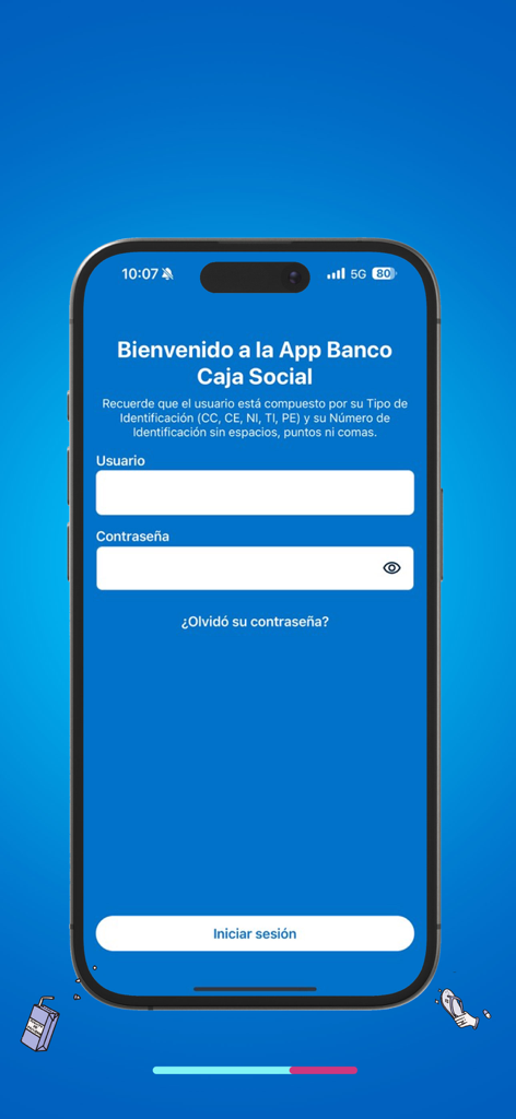 Pantalla de inicio de sesión para la aplicación de banca móvil de Banco Caja Social.