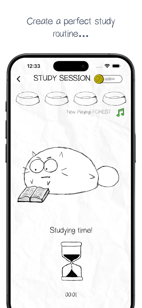 Fatty Cat! - Study Companion - Pantalla de sesión de estudio de Fatty Cat con un gato dibujado a mano leyendo un libro y un temporizador de reloj de arena