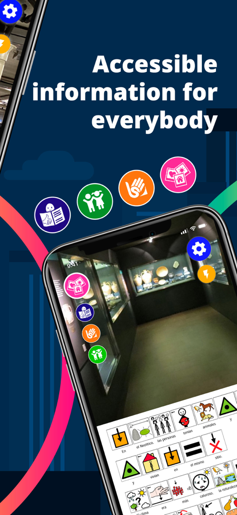 Interfaz de la aplicación NaviLens GO que muestra iconos de realidad aumentada sobre una exhibición de museo y un tablero de comunicación pictográfico para información accesible.